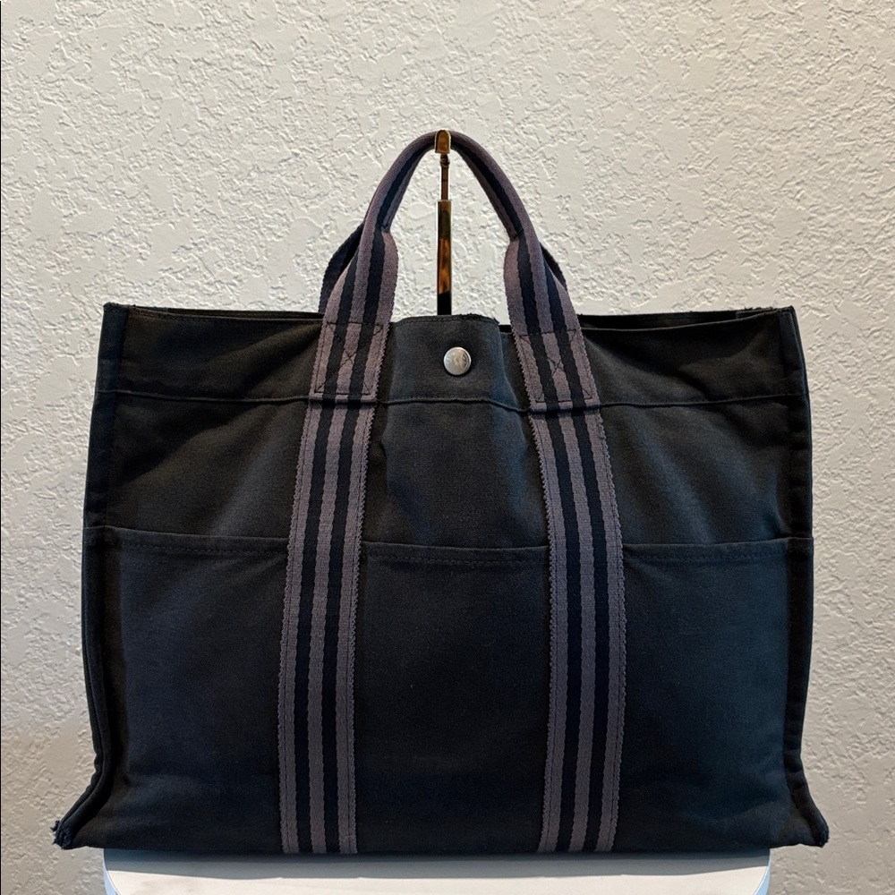 Hermes Toutte Fourre Black Canvas Tote with Gray Stripes